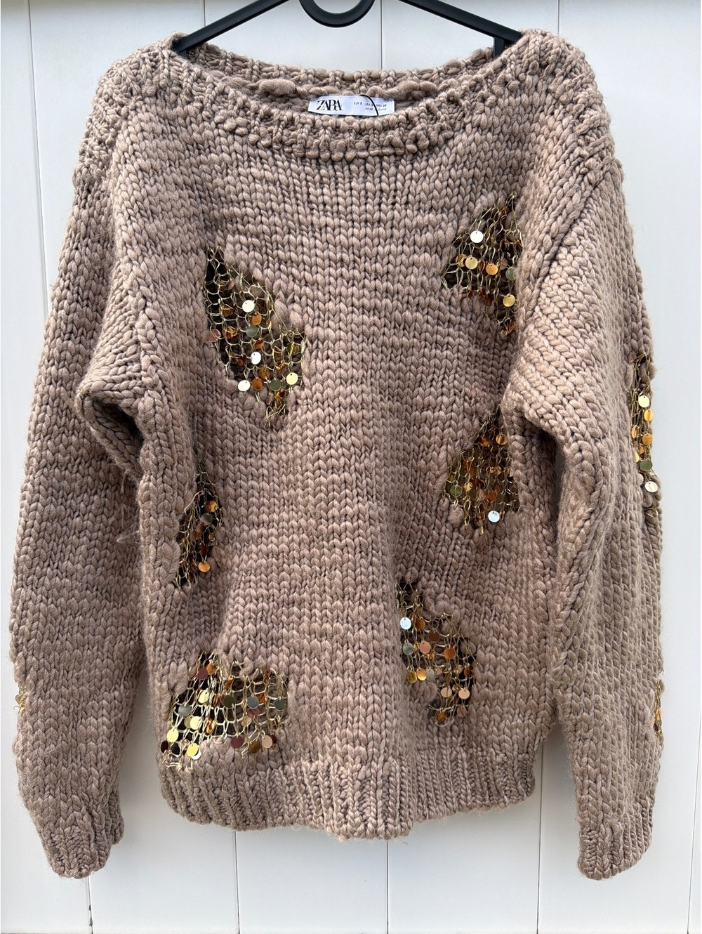Zara Women's Size S Taupe Chunky Knit Gold Sequin Detail Crew Neck Sweater